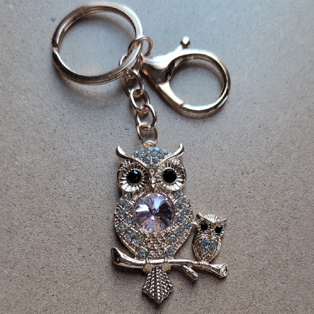 Gold Owl Keychain Bag Charm with Crystals